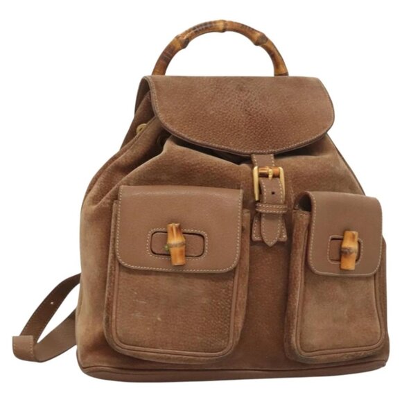 GUCCI Bamboo Backpack Suede Brown Gold 003 1817 0016 Auth - Picture 1 of 15